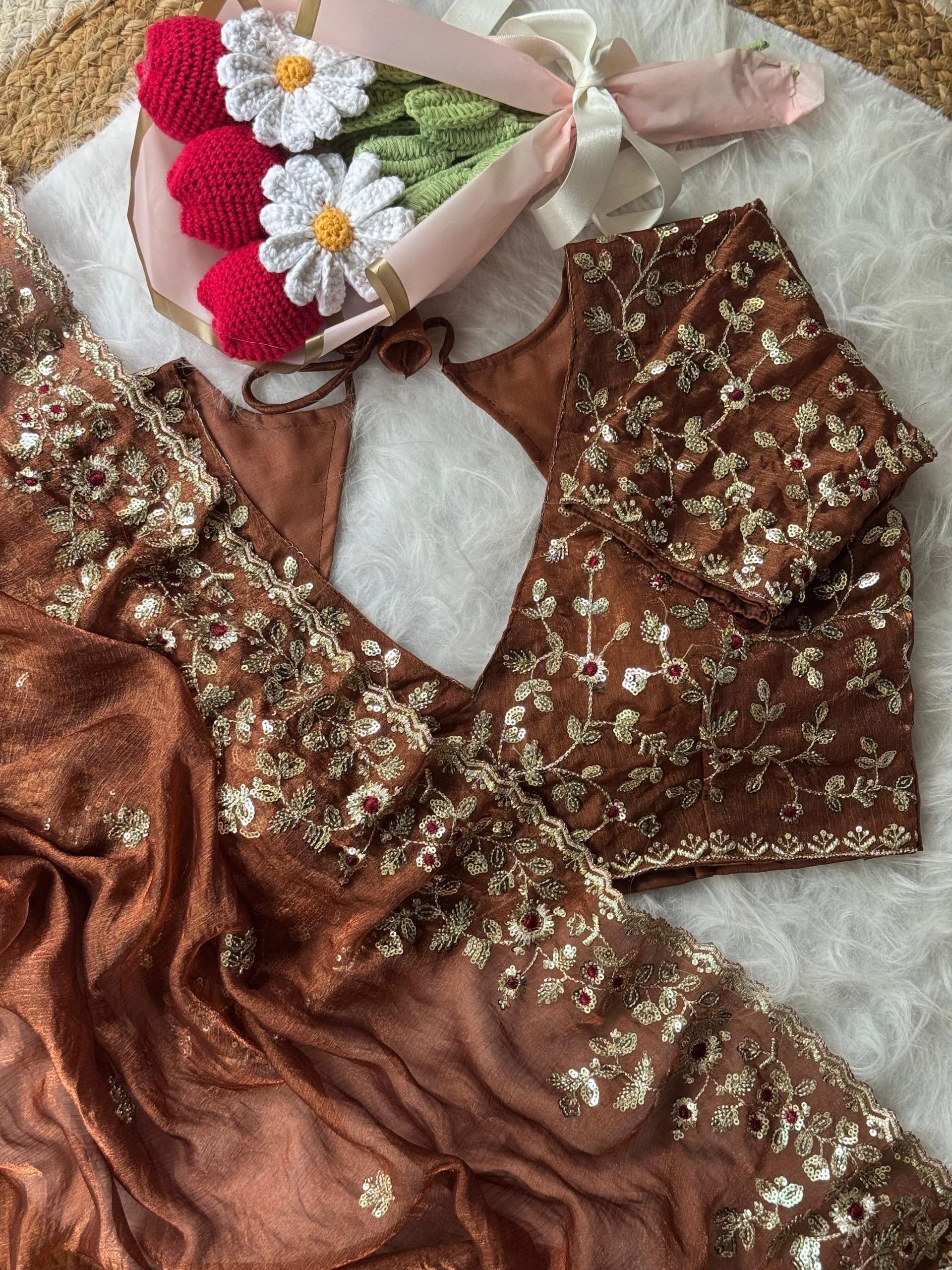 Soft Fendy Chiffon Saree With Heavy Embroidery Sequins And Thread Work All Over The Saree And Scallop Border*