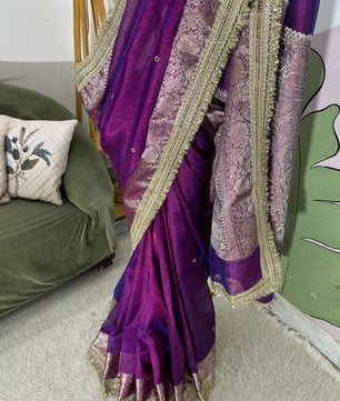 Purple Bridal Tissue Saree with Designer Pearl and Mirror Lace Work Jhalar Lace on Pallu