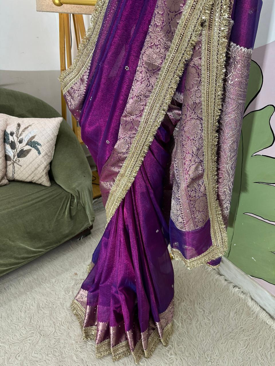 Purple Bridal Tissue Saree with Designer Pearl and Mirror Lace Work Jhalar Lace on Pallu