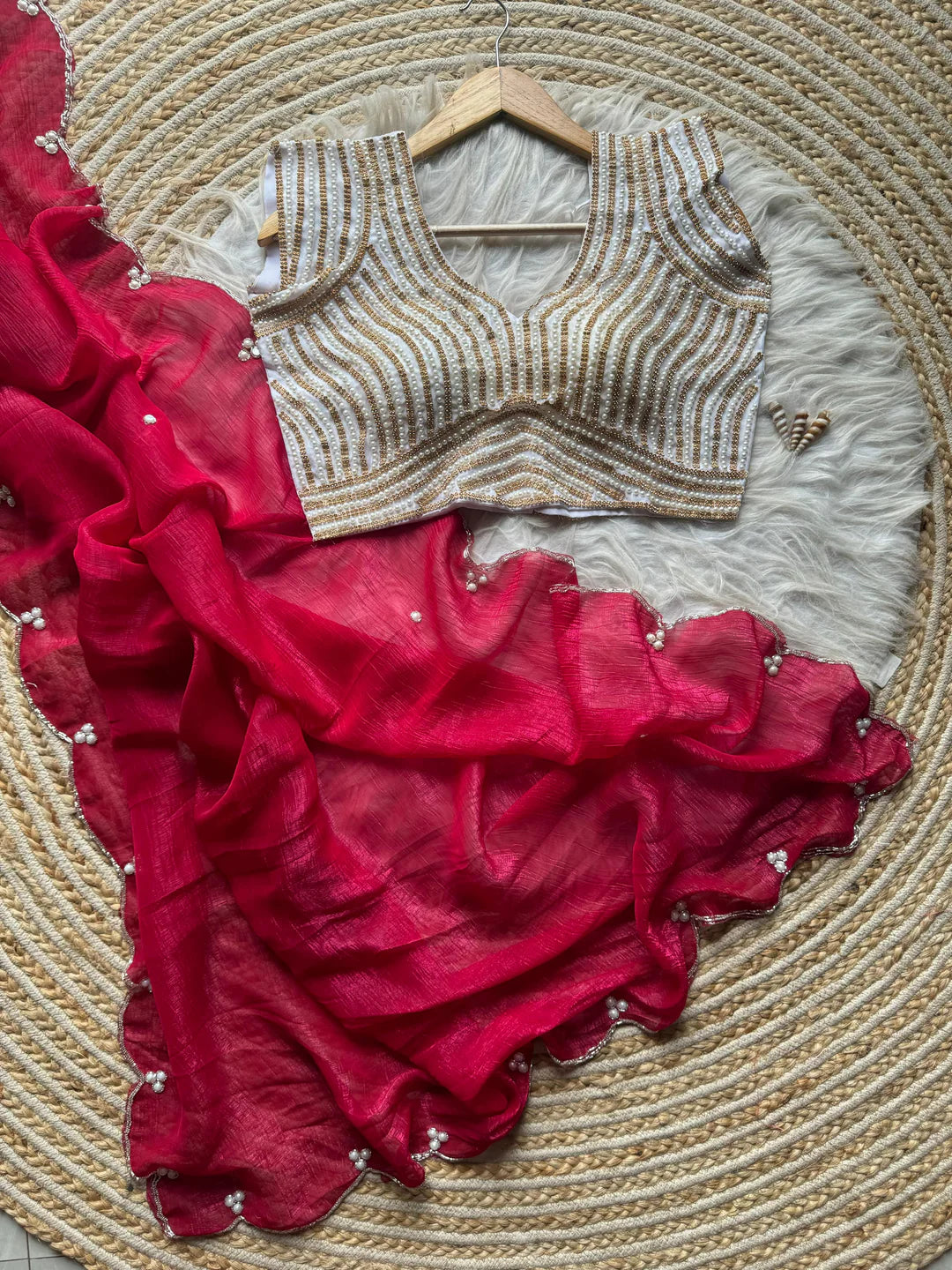 Crush Slik Sari With Stiched Blouse Fully Handwork Include Pearl