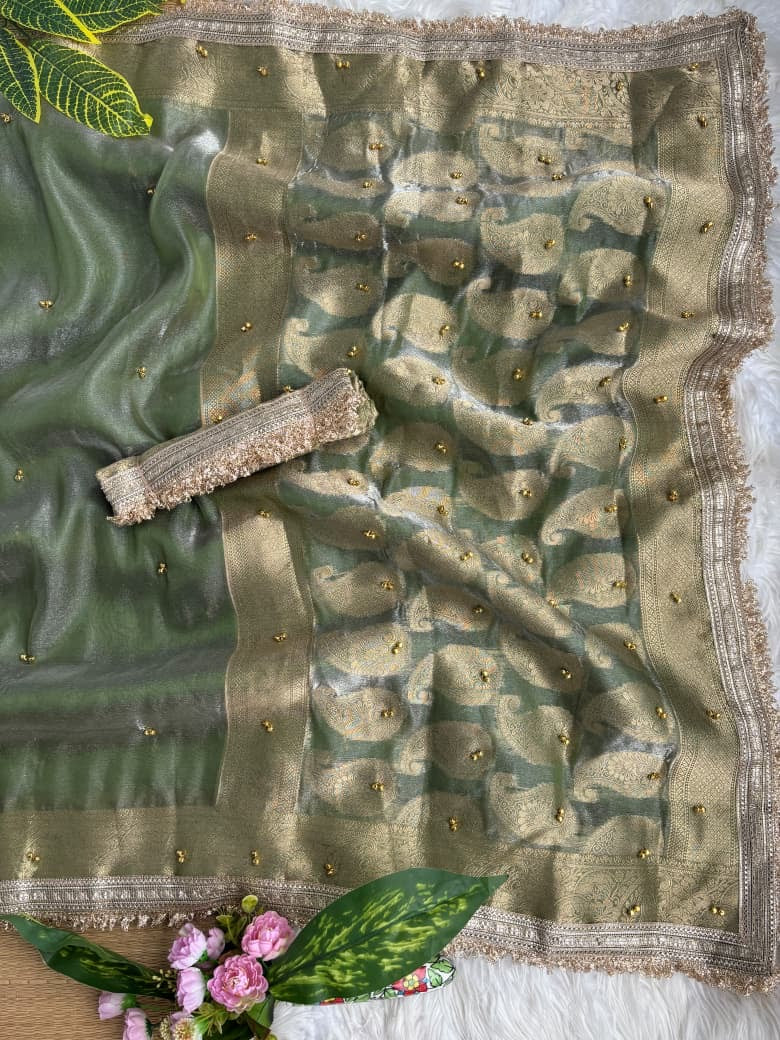 Pure Soft Banarasi Sartin Silk Weaving Saree With Gungroo in All over Saree With Fancy Lace Border