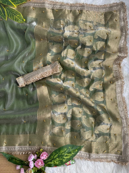 Pure Soft Banarasi Sartin Silk Weaving Saree With Gungroo in All over Saree With Fancy Lace Border