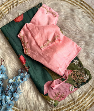 Fancy  Chinnon Silk Saree with floral print