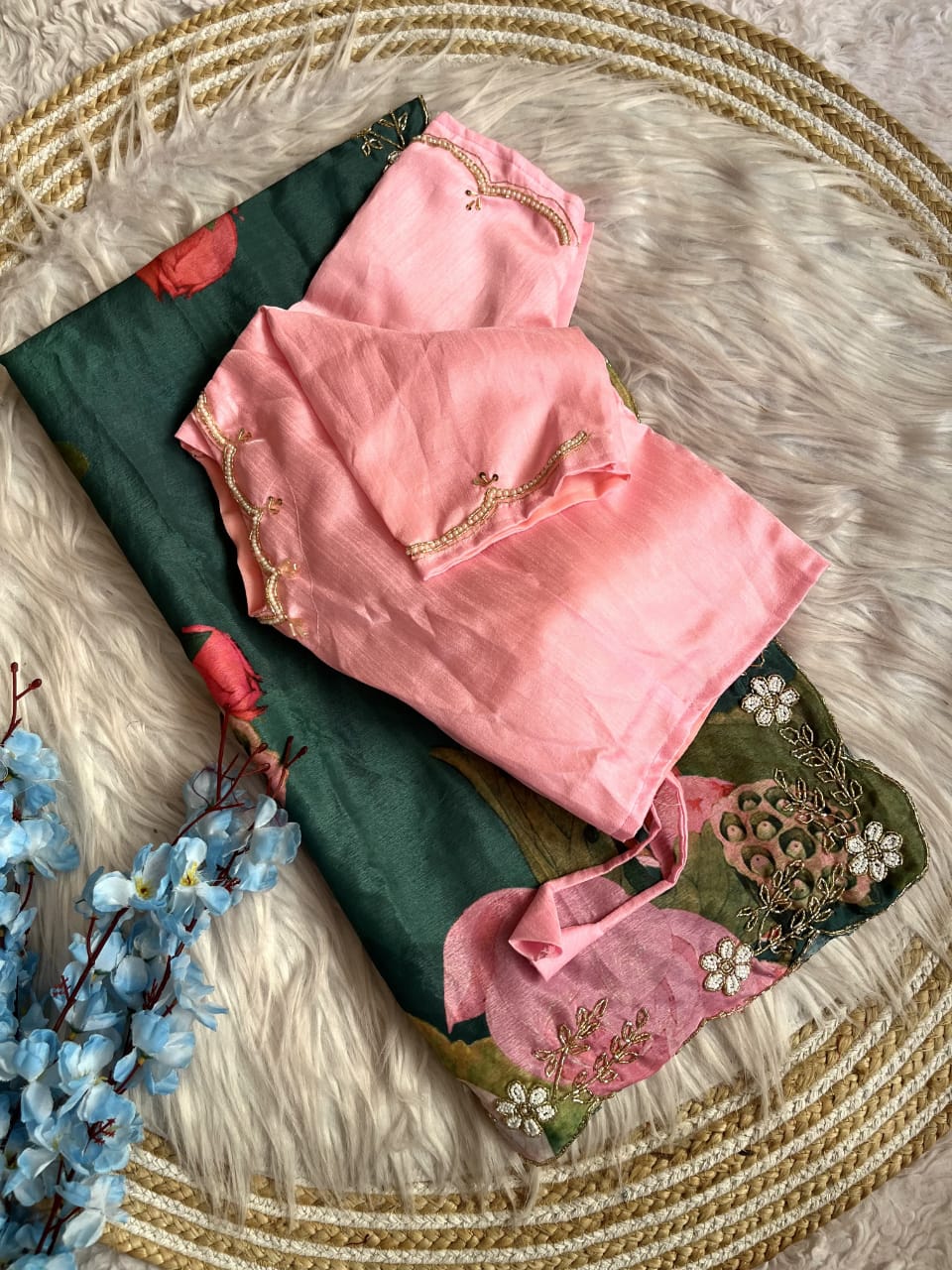 Fancy  Chinnon Silk Saree with floral print