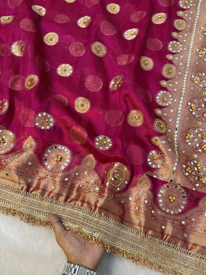Metallic Banarasi Soft Glass Tissue Saree x Ghungroo Handwork x Lacework x Mirror & Moti Handwork