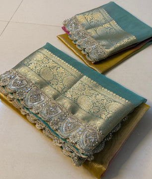 Premium 3D Multi Shade Glass Tissue Saree with Soft Mirror Lace Border