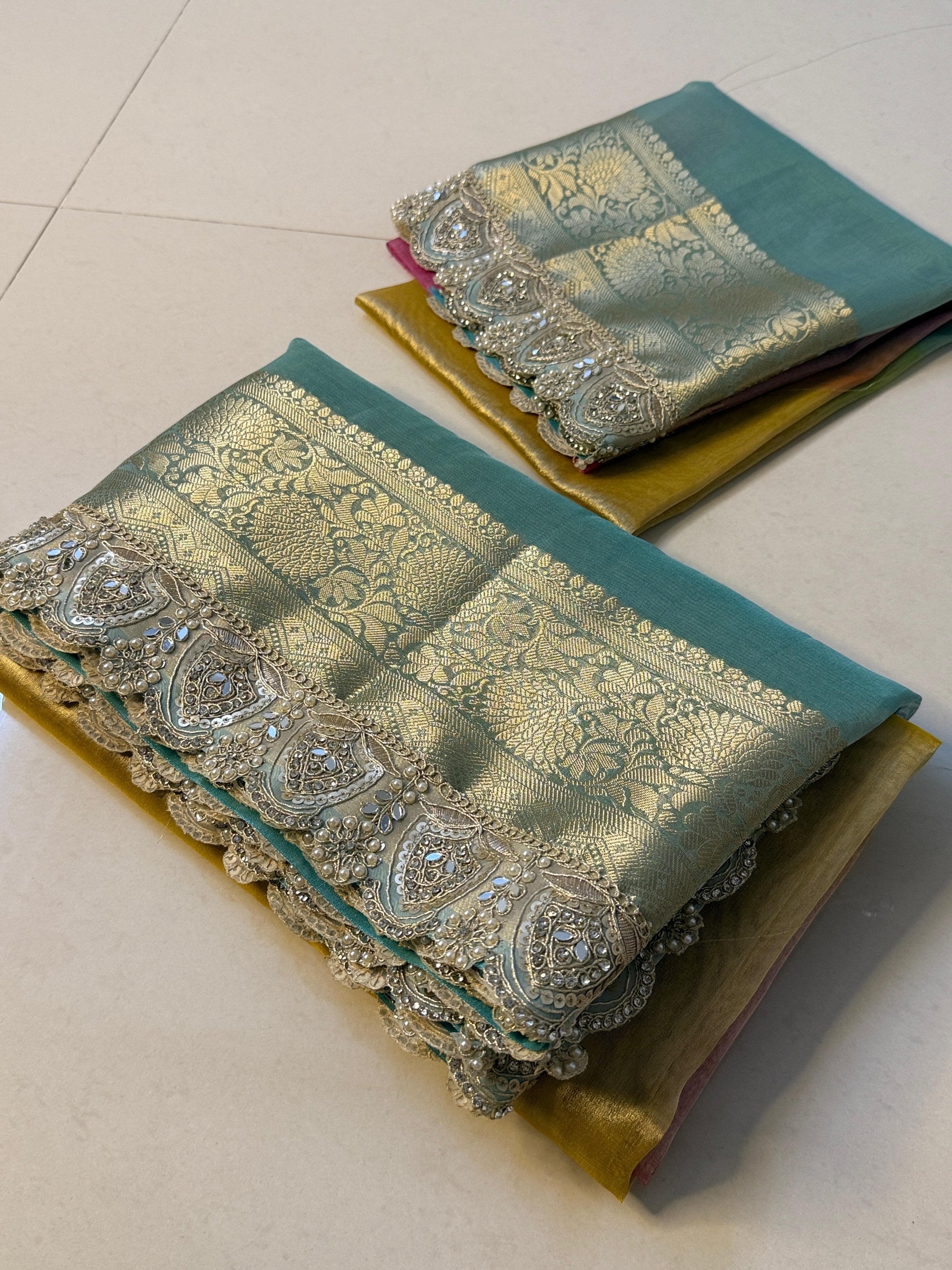 Premium 3D Multi Shade Glass Tissue Saree with Soft Mirror Lace Border