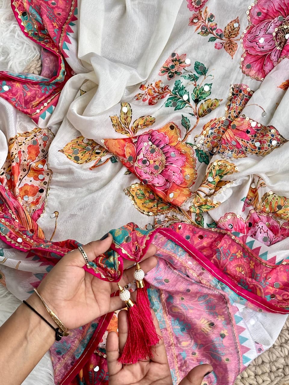 Soft Chinnon saree with hand ari work