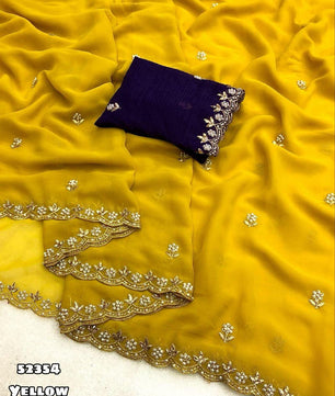 Chinnon silk Saree with Embroidery & Scalloped Border