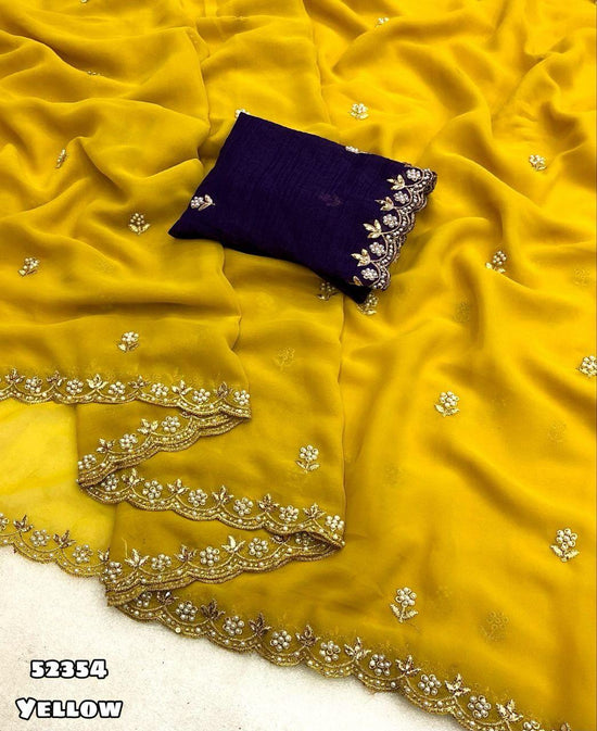 Chinnon silk Saree with Embroidery & Scalloped Border