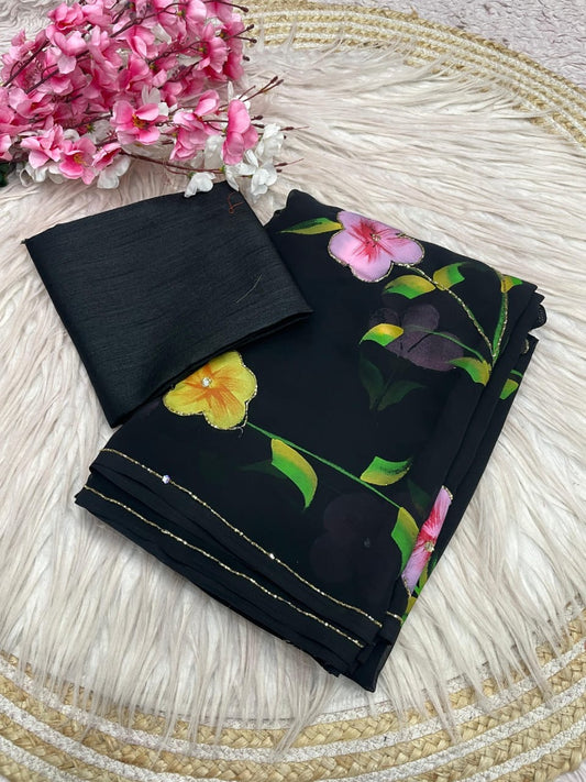 Beautiful brush print in whole saree with cut dena work