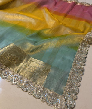 Premium 3D Multi Shade Glass Tissue Saree with Soft Mirror Lace Border