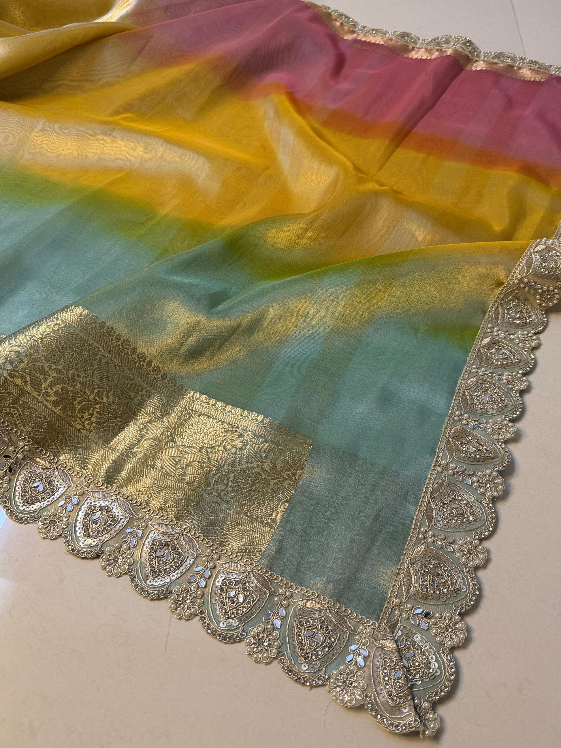 Premium 3D Multi Shade Glass Tissue Saree with Soft Mirror Lace Border