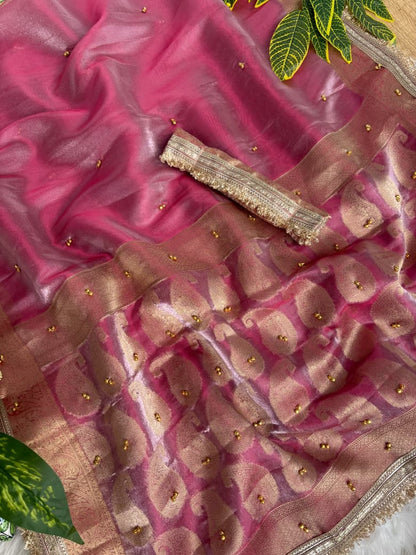 Pure Soft Banarasi Sartin Silk Weaving Saree With Gungroo in All over Saree With Fancy Lace Border