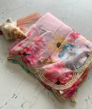 Primium Soft Orgenza Tebby Silk With Flower Digital Print and Handwork Arco Border