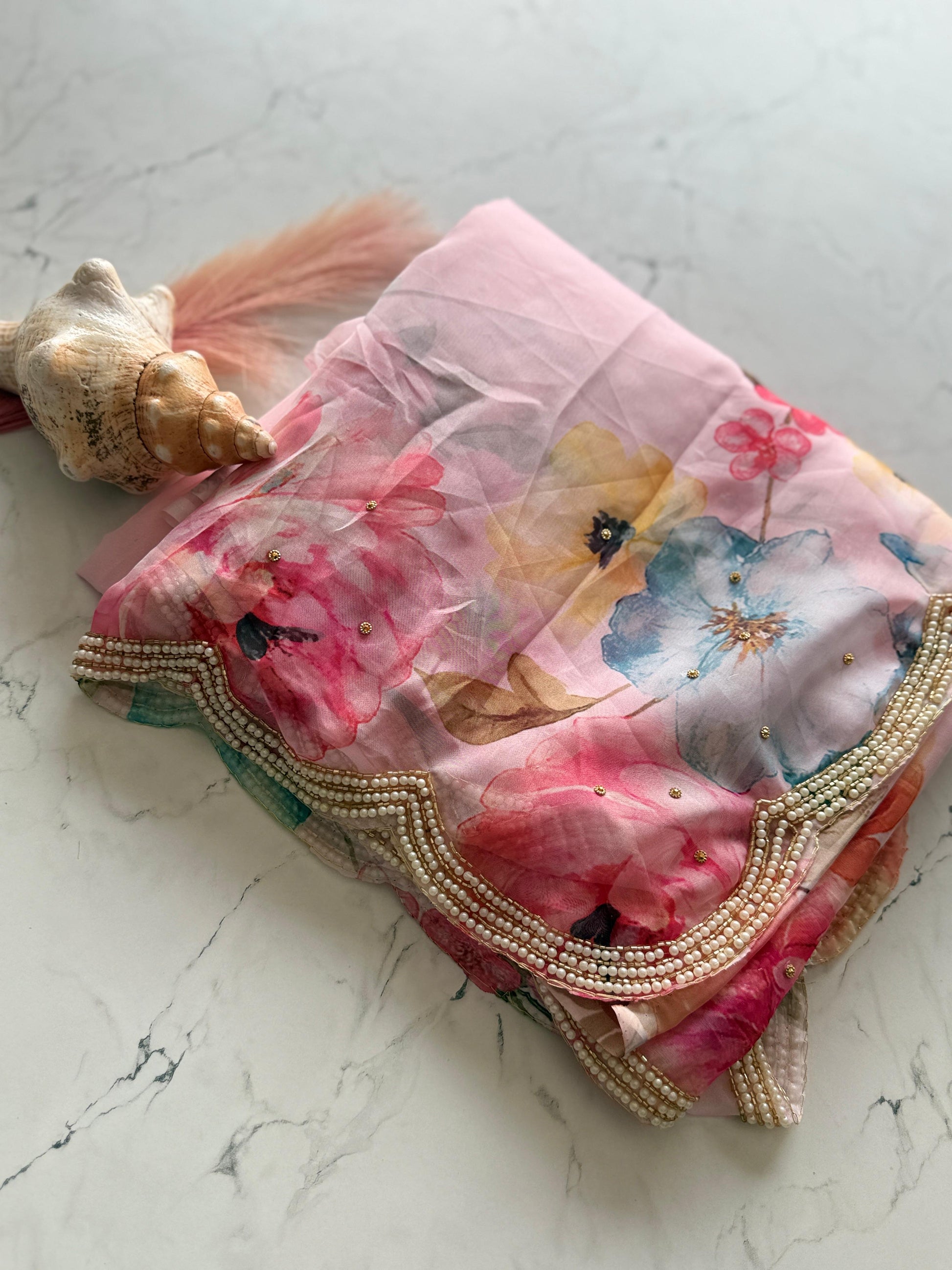 Primium Soft Orgenza Tebby Silk With Flower Digital Print and Handwork Arco Border