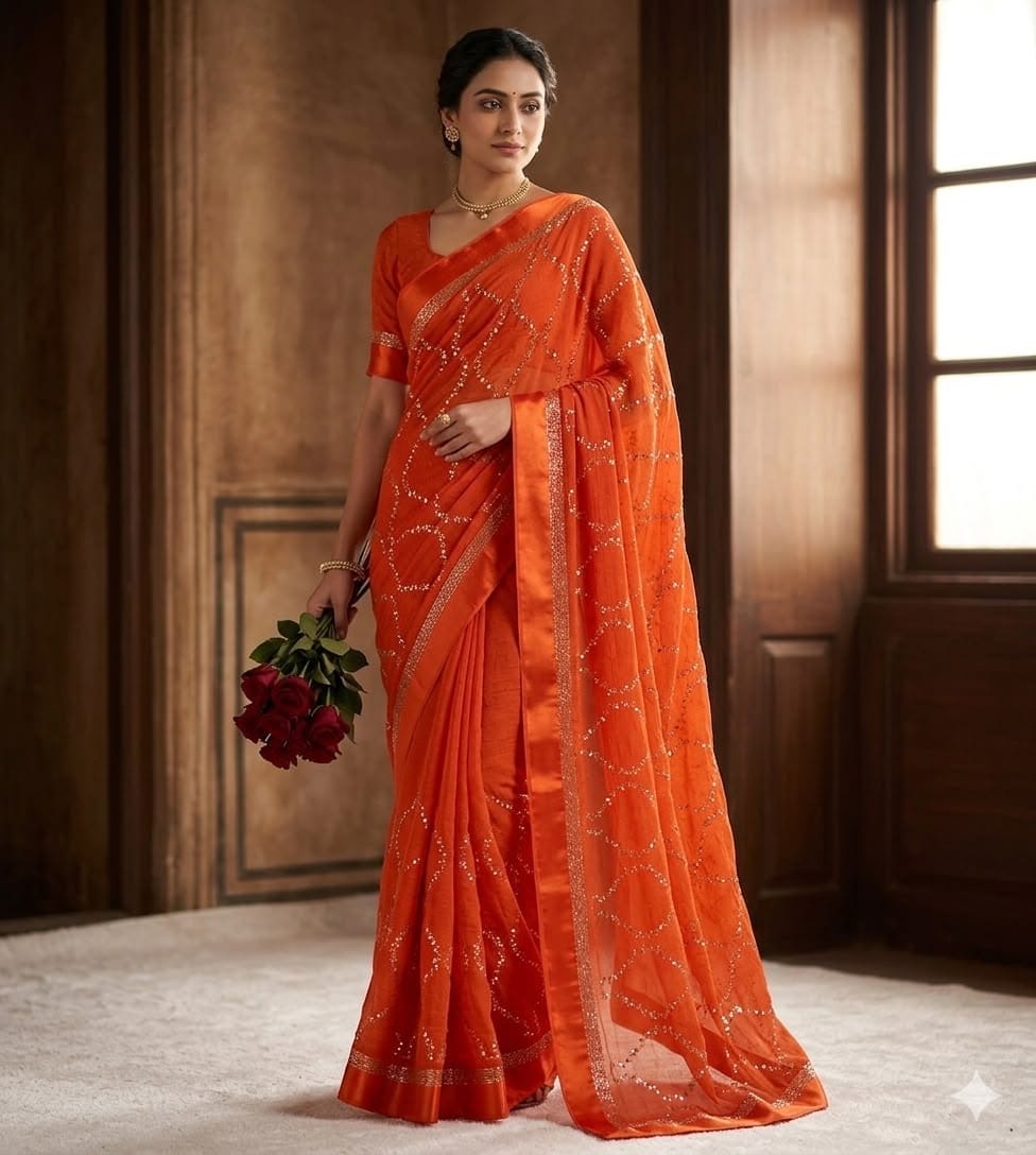 Pure Viscose Georgette Sattin Patta With Lahriya Concept Sequins