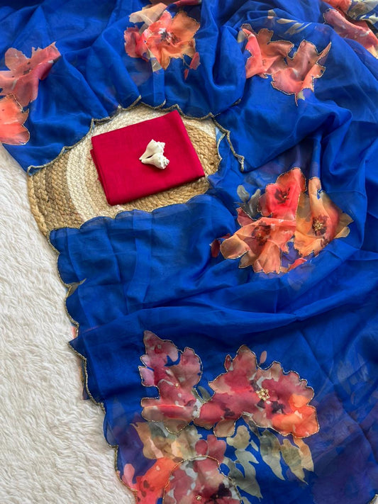 SUPER HIT FLOWER HANDWORK CUT DANA ROSE SOFT TABI ORGANZA HANDWORK SAREE*