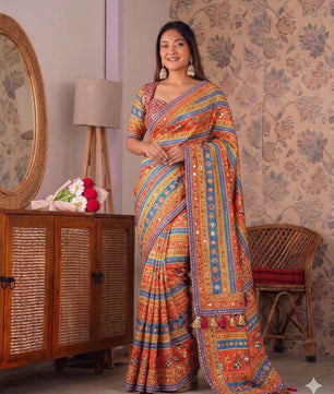 Japan satin most viral saree with stitched blouse