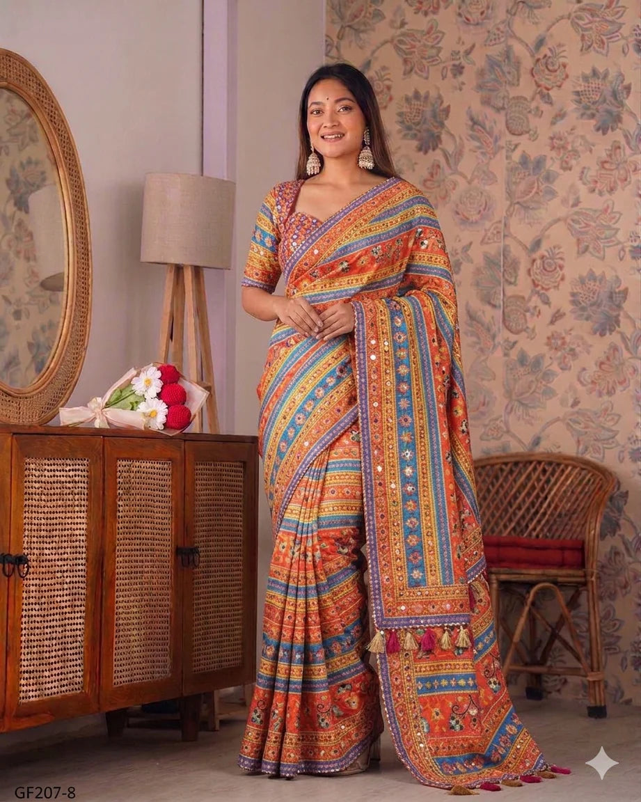 Japan satin most viral saree with stitched blouse