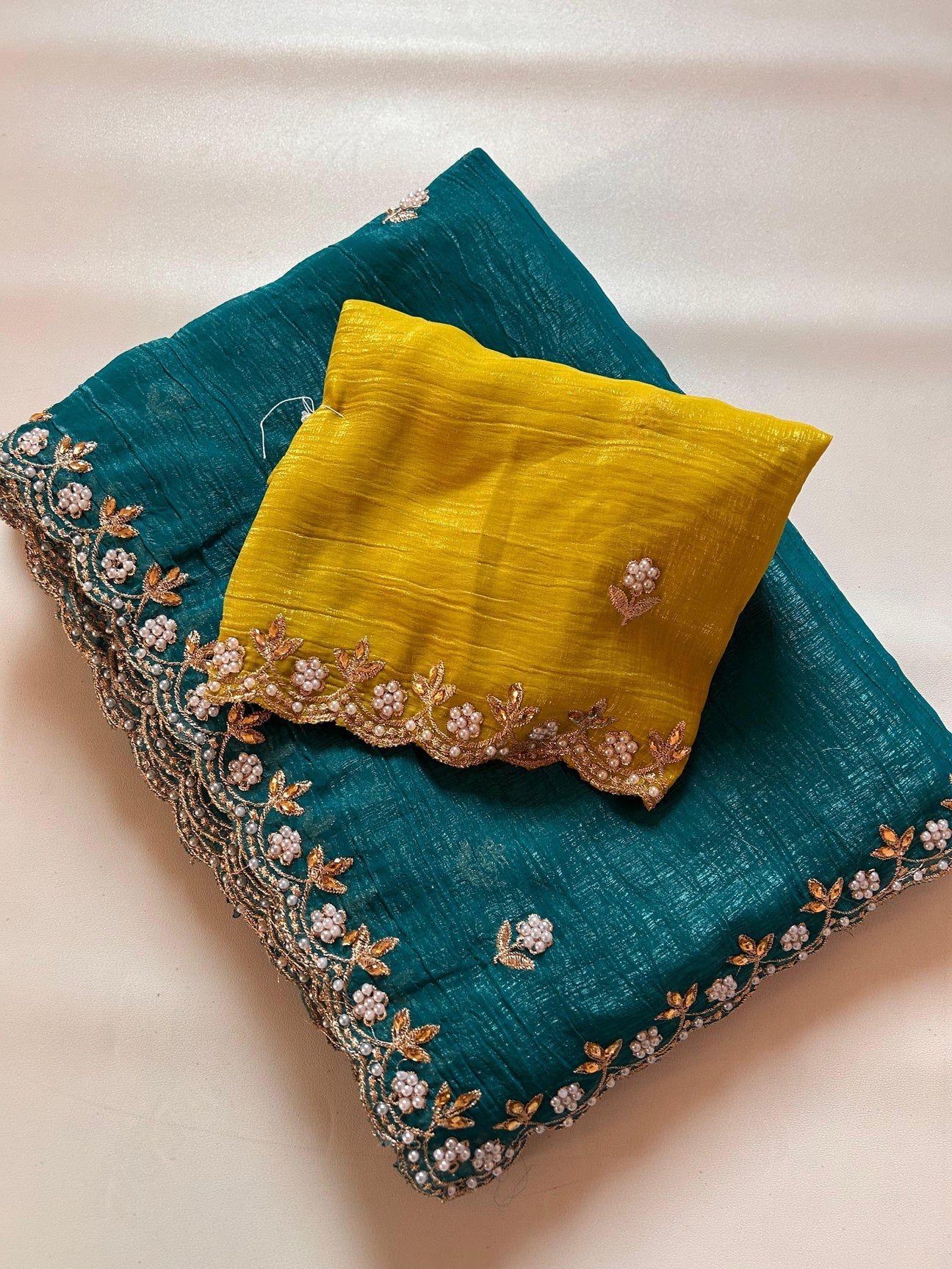 Chinnon silk Saree with Embroidery & Scalloped Border