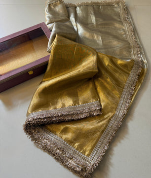 Two Tone Metallic Banarasi Tissue Soft Silk Saree with Gotapatti + Uljhan lace work