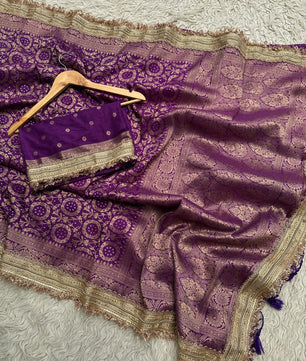 Purple Designer Georgette Katan Silk Saree with Gota Patti