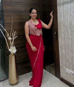 Elegant Pink Heavy Rangoli Embroidered Ready-to-Wear Saree for Weddings & Parties