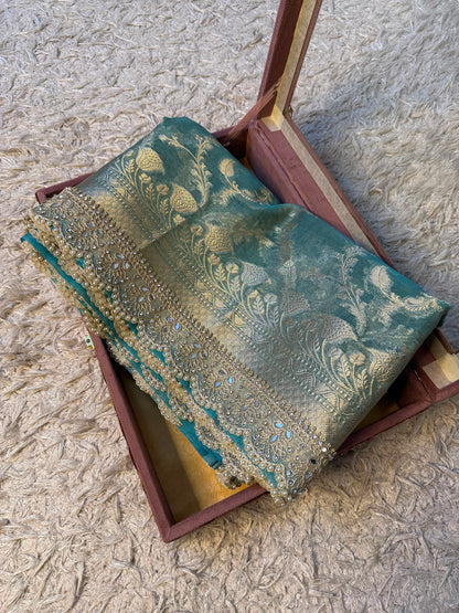 Banarasi Tissue Soft Silk Saree*💫 
Heavy Pearls, Mirror Lace hand work border