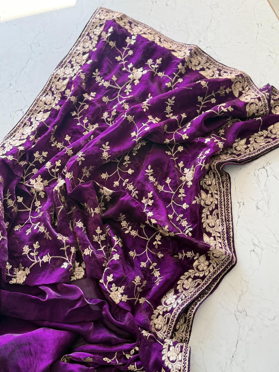 Primium Pure Fendi Satin Saree With Mutly Thread and Sequence Work