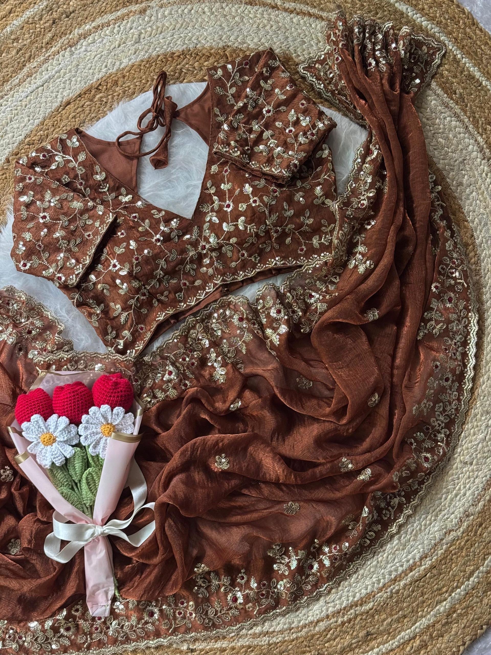 Soft Fendy Chiffon Saree With Heavy Embroidery Sequins And Thread Work All Over The Saree And Scallop Border*