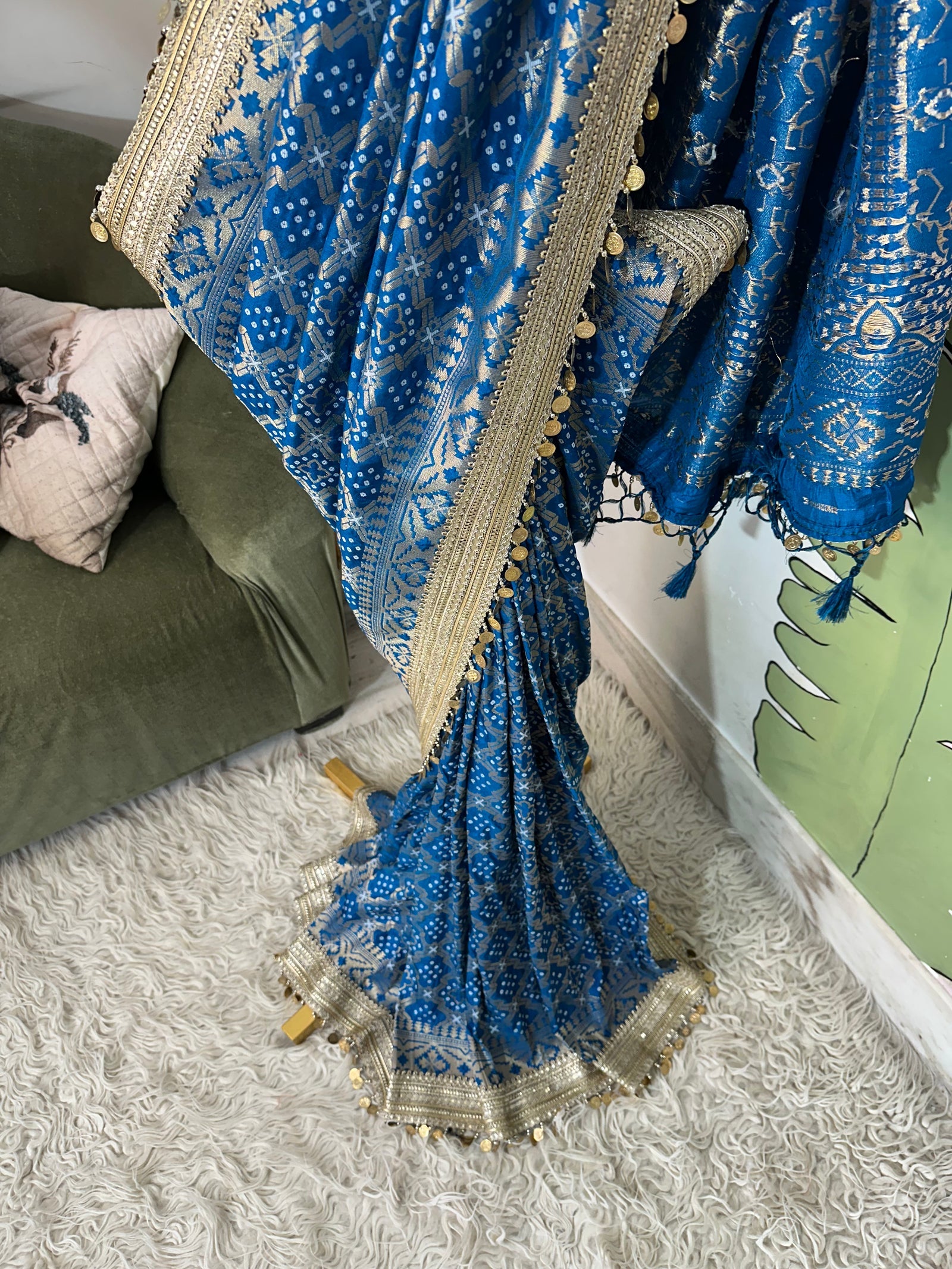 Teal Blue Designer Georgette Katan Silk Saree with Gota Patti and Coin lace