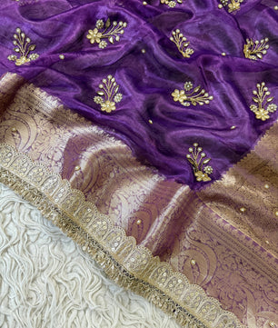 100%Pure Banarasi Tissue Saree with Hand Work on all over Body with Intricate Border and Pallu Design Along with Gotta Patti Lace Work