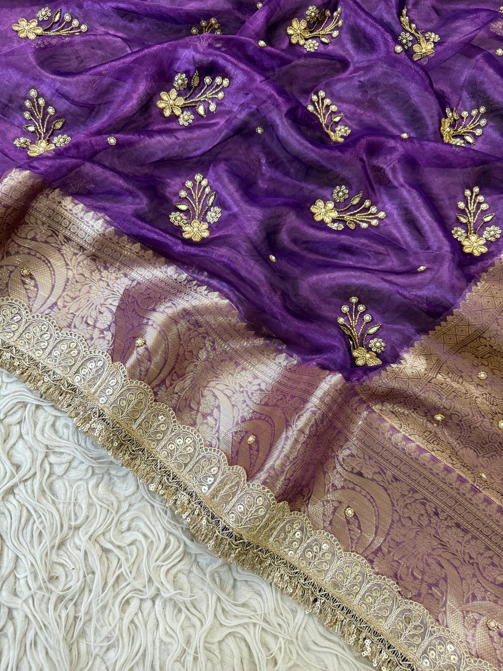 100%Pure Banarasi Tissue Saree with Hand Work on all over Body with Intricate Border and Pallu Design Along with Gotta Patti Lace Work