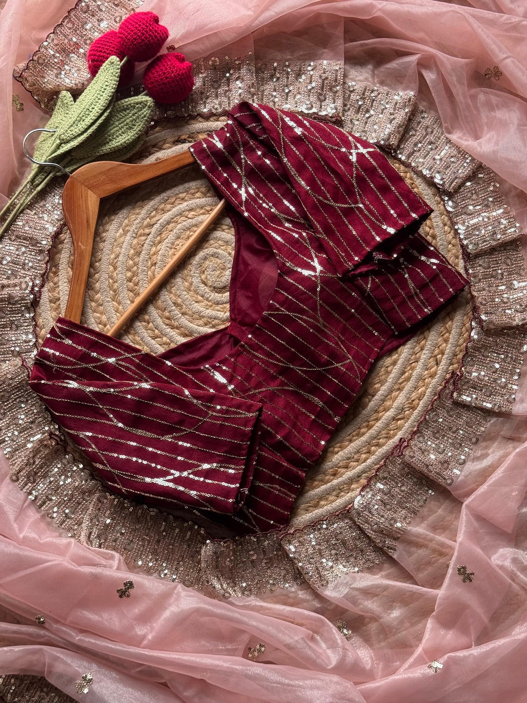 Tissue Silk Sari In Light Peach With Stiched Blouse