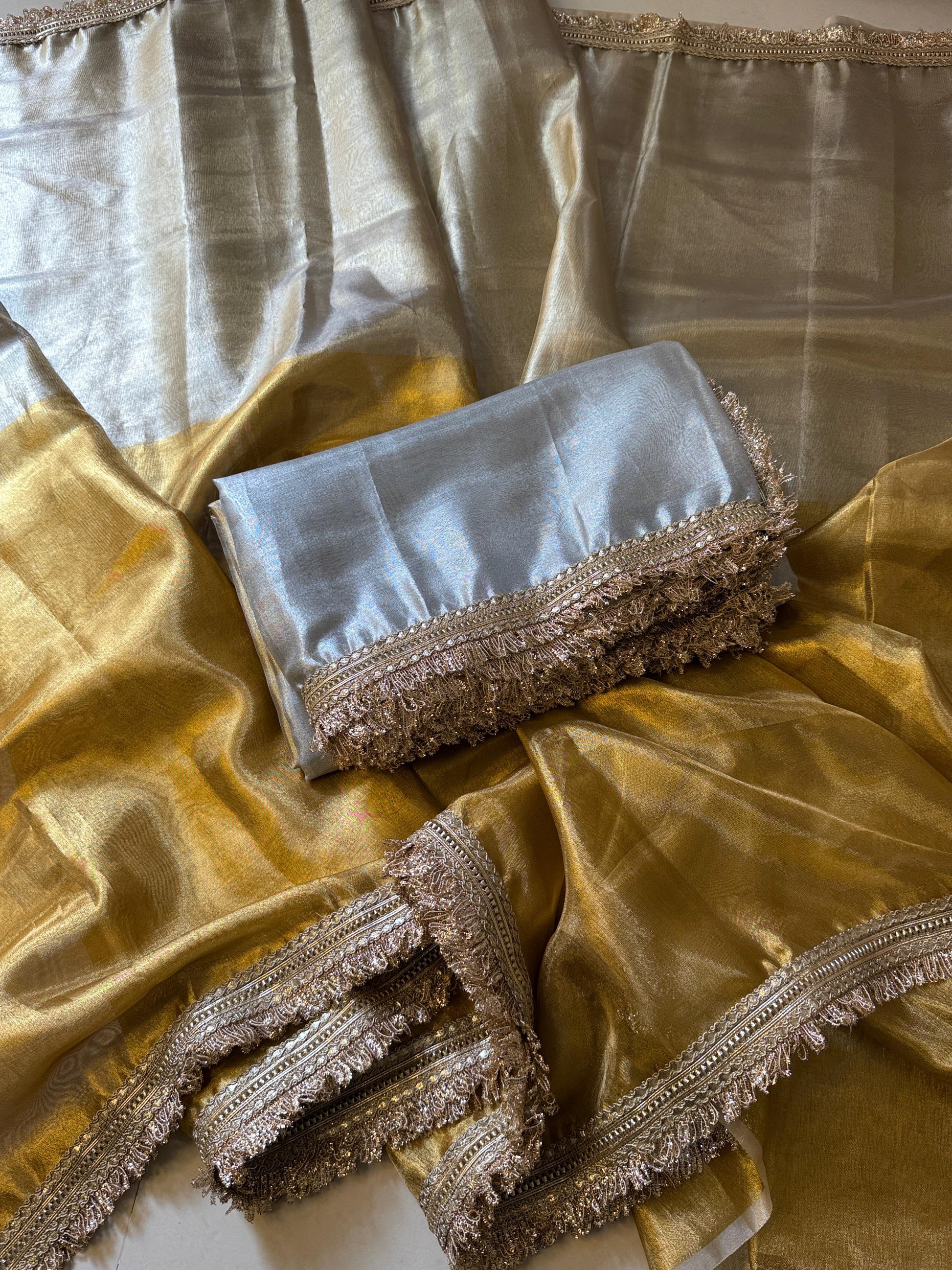 Two Tone Metallic Banarasi Tissue Soft Silk Saree with Gotapatti + Uljhan lace work