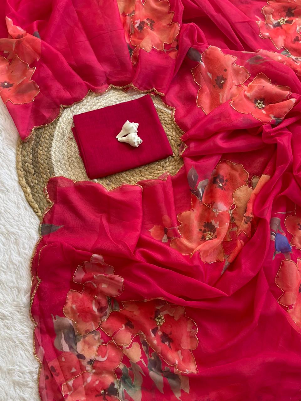 SUPER HIT FLOWER HANDWORK CUT DANA ROSE SOFT TABI ORGANZA HANDWORK SAREE*