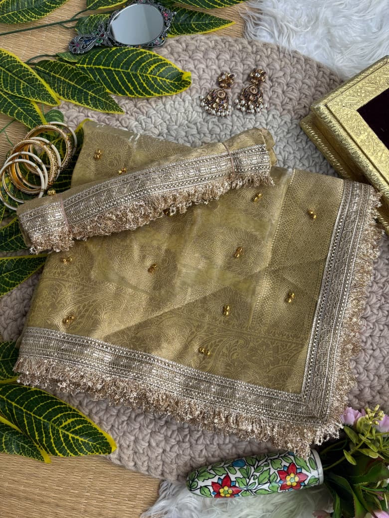 Pure Soft Banarasi Sartin Silk Weaving Saree With Gungroo in All over Saree With Fancy Lace Border