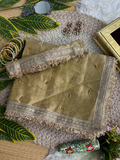 Pure Soft Banarasi Sartin Silk Weaving Saree With Gungroo in All over Saree With Fancy Lace Border