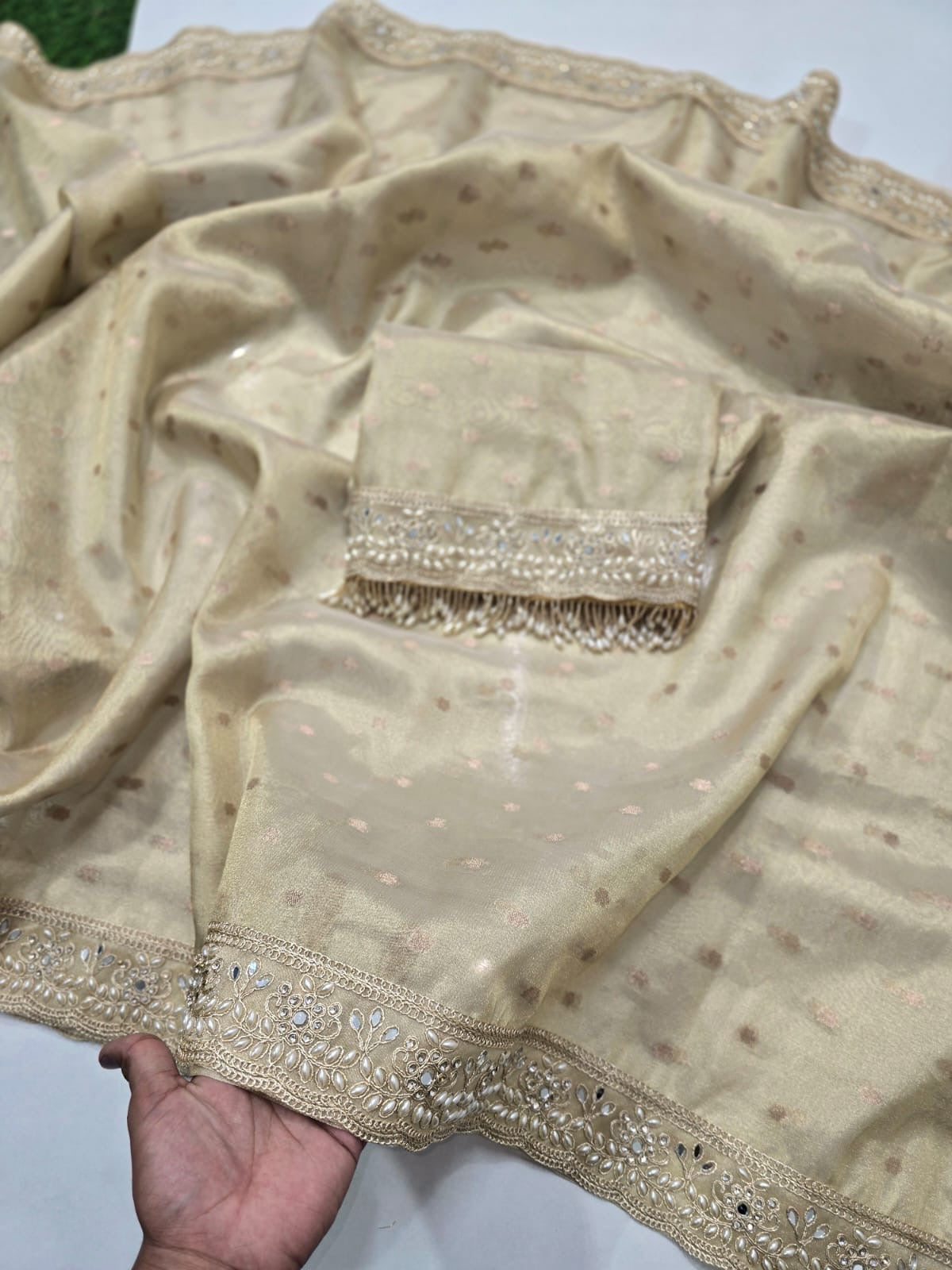 Banarasi tissue silk saree with all over chunri but