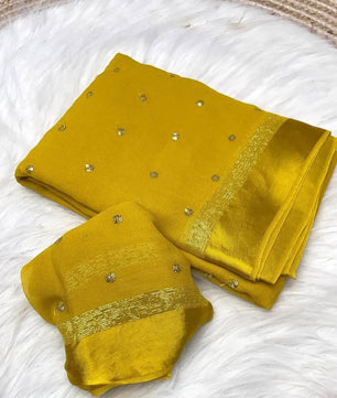 Premium Satin Patta Pure Viscose Georgette Saree with Sequins Butti & Designer Contrast Blouse