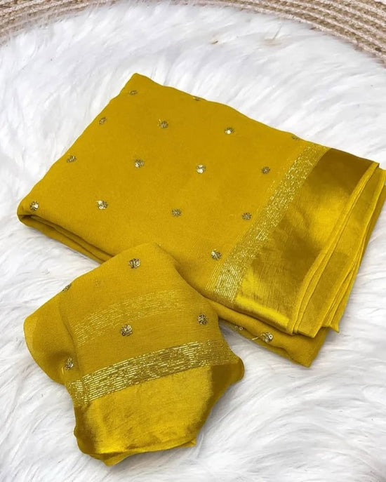 Premium Satin Patta Pure Viscose Georgette Saree with Sequins Butti & Designer Contrast Blouse