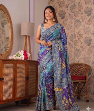 Japan satin most viral saree with stitched blouse