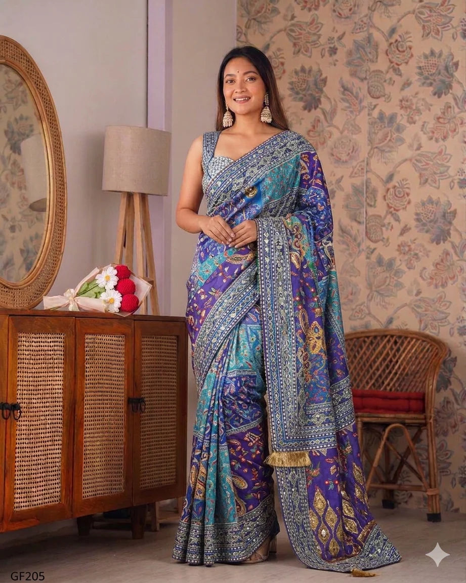 Japan satin most viral saree with stitched blouse