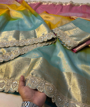 Premium 3D Multi Shade Glass Tissue Saree with Soft Mirror Lace Border