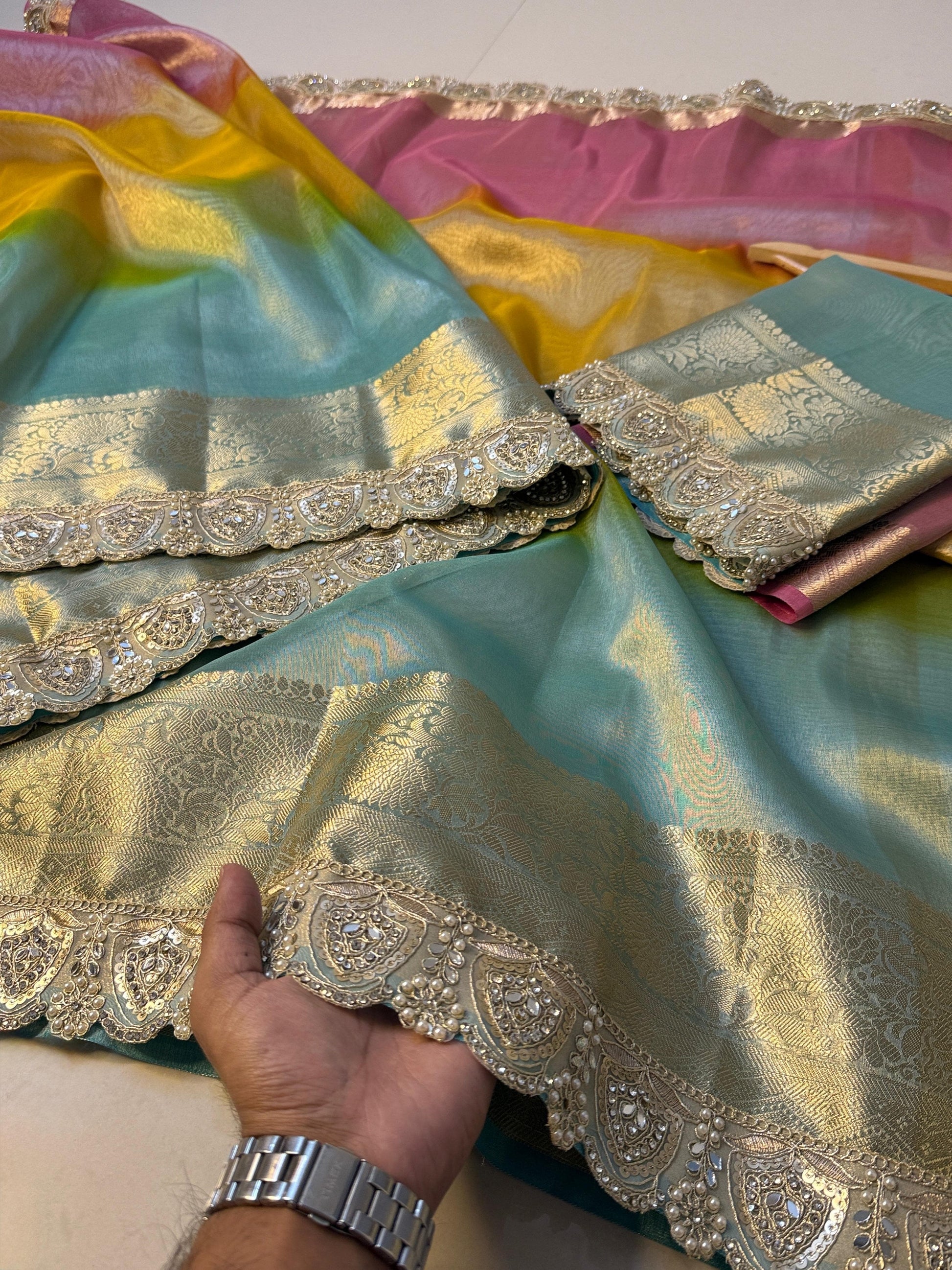 Premium 3D Multi Shade Glass Tissue Saree with Soft Mirror Lace Border
