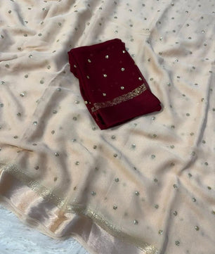 Premium Satin Patta Pure Viscose Georgette Saree with Sequins Butti & Designer Contrast Blouse