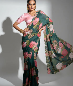 Fancy  Chinnon Silk Saree with floral print