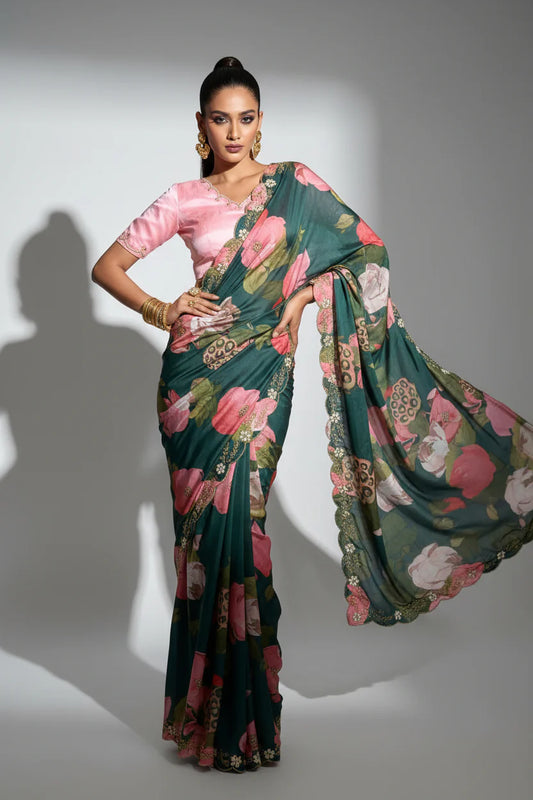 Fancy  Chinnon Silk Saree with floral print