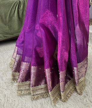 Purple Bridal Tissue Saree with Designer Pearl and Mirror Lace Work Jhalar Lace on Pallu